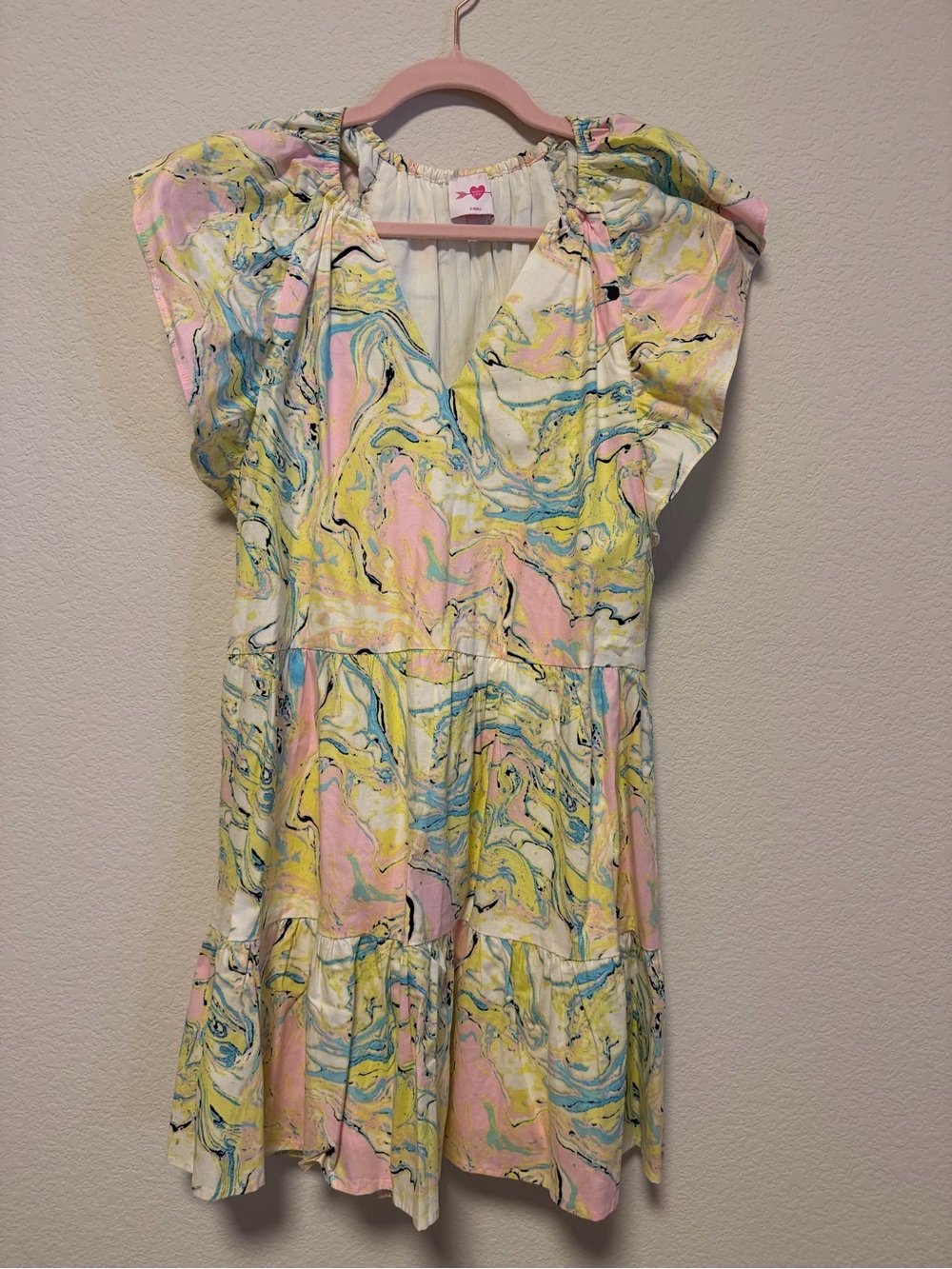Buddy Love Marble-Print Tiered V-Neck Dress in Pink, Yellow & Blue